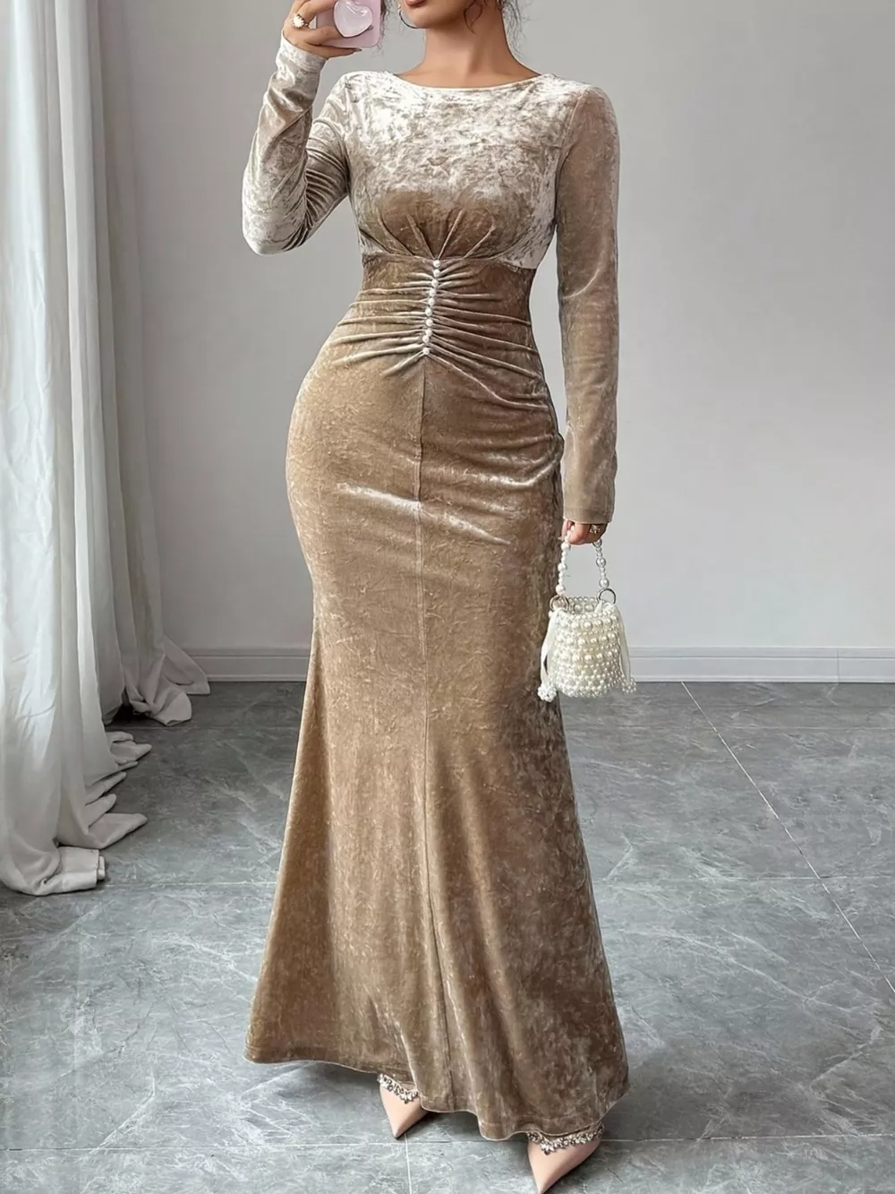 Velvet Ruched Bodycon Maxi Dress, image 4
