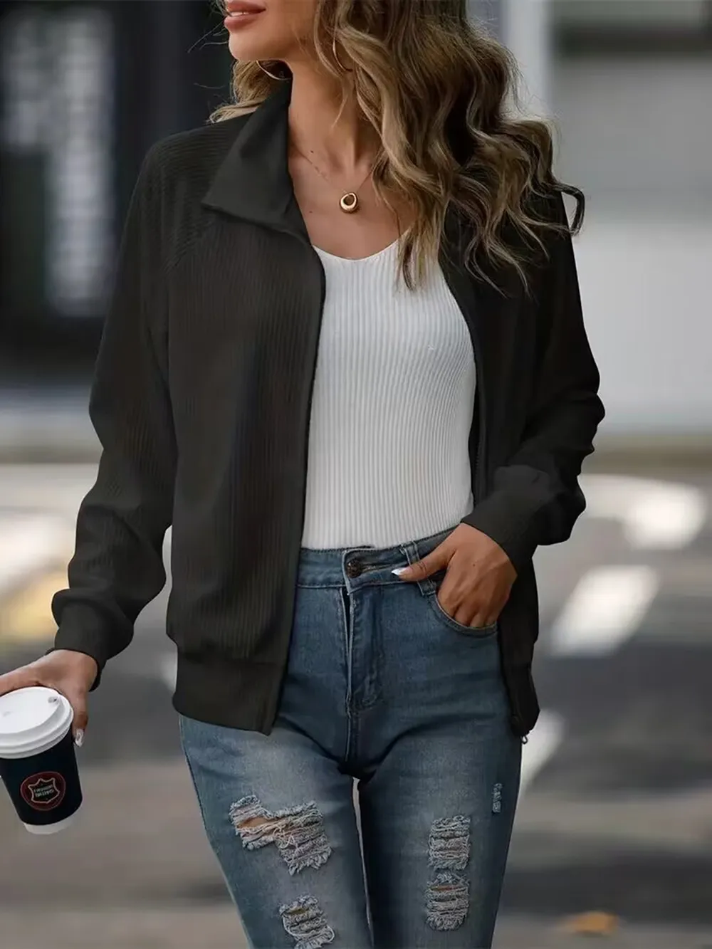 Zip Up Collared Neck Raglan Sleeve Jacket, image 9