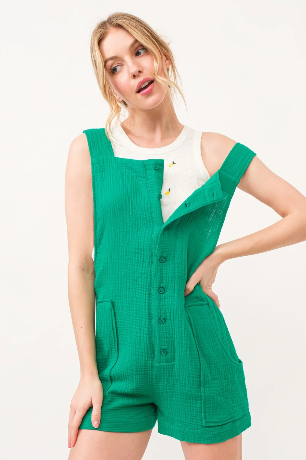 Button Up Tie Back Sleeveless Romper, image 2