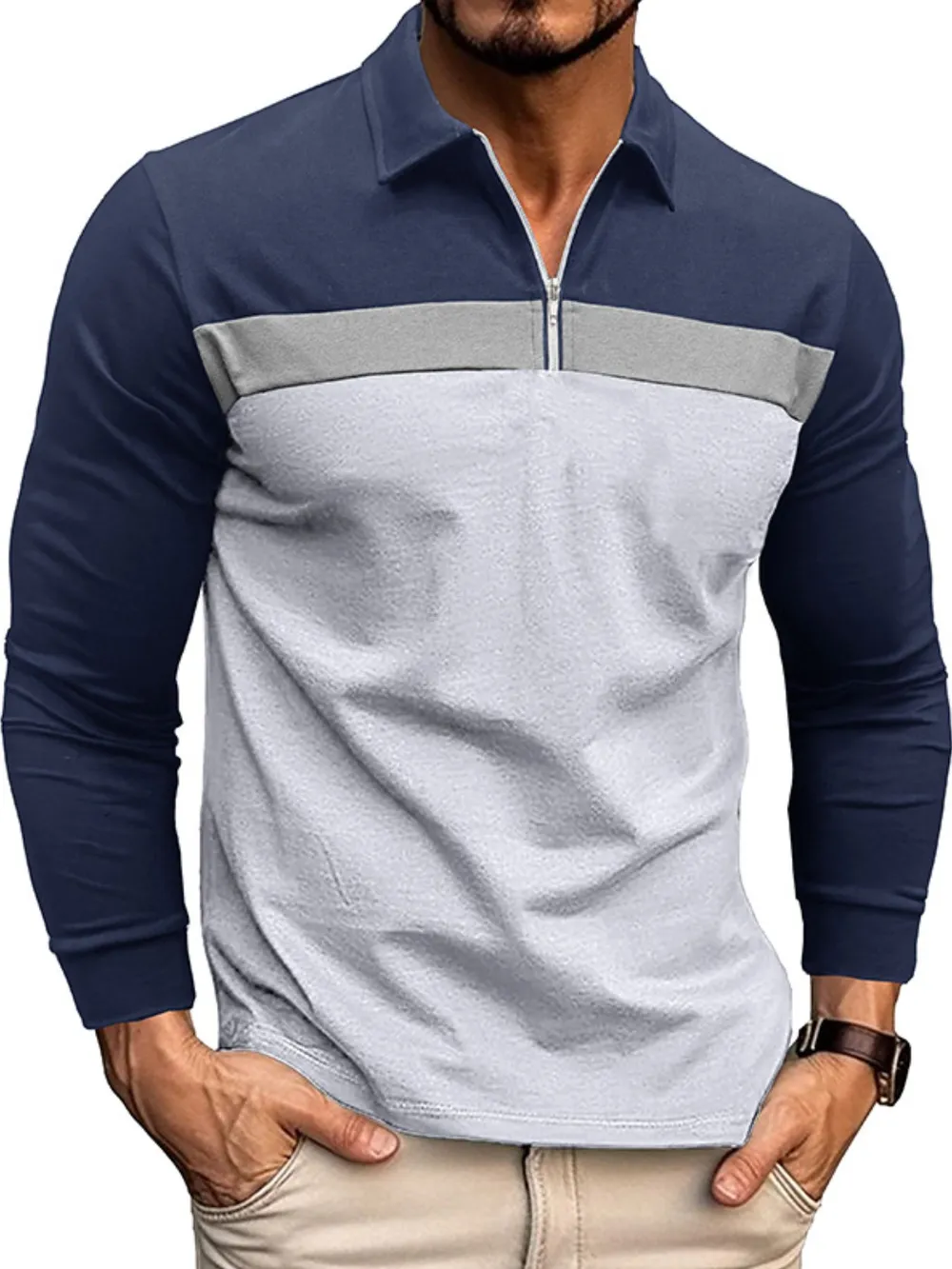 Men's Color Block Long Sleeve Polo Shirt, image 8
