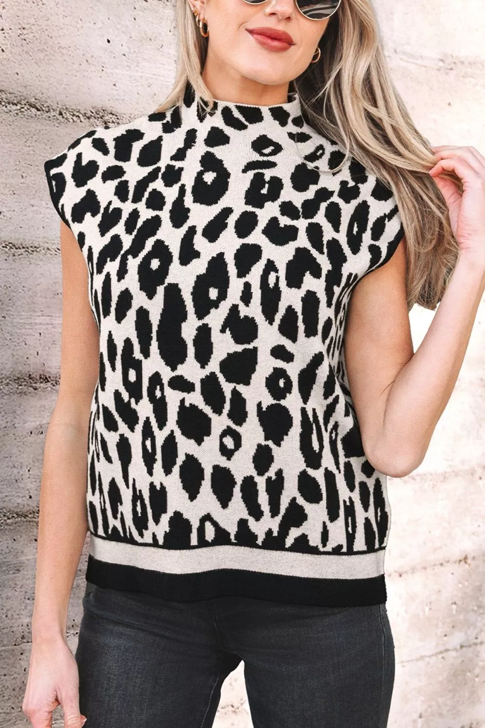 Leopard Print High Neck Short Sleeve Sweater, image 6