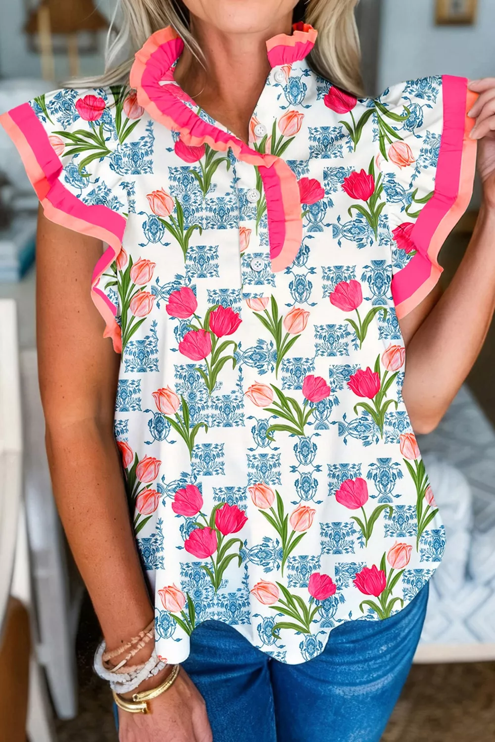 Floral Print Ruffle Collar Blouse, image 3