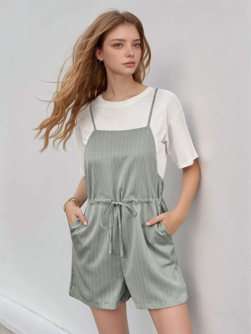 Drawstring Waist Striped Overalls with Pockets, image 3