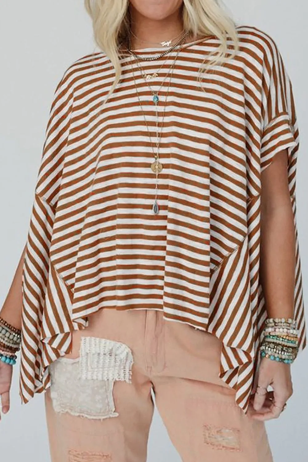 Stripe Batwing Sleeve Round Neck Oversized Top, image 11