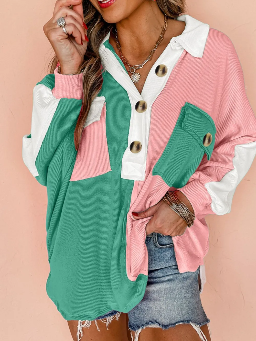 Color Block Button Front Collared Neck Sweatshirt, image 5