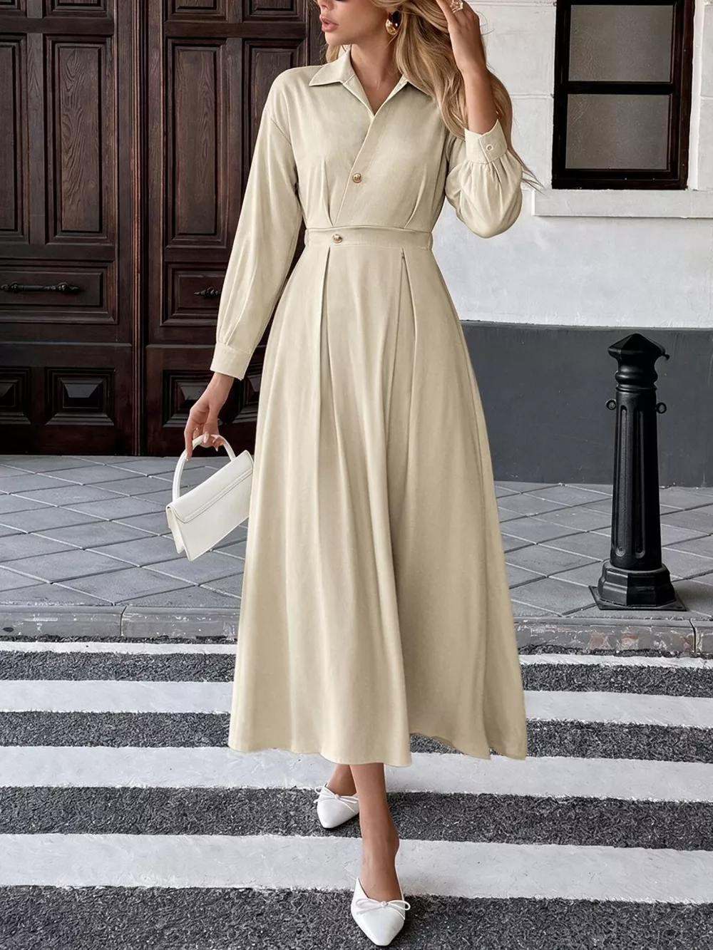 Pleated Button Detail Long Sleeve Shirt Dress, image 3