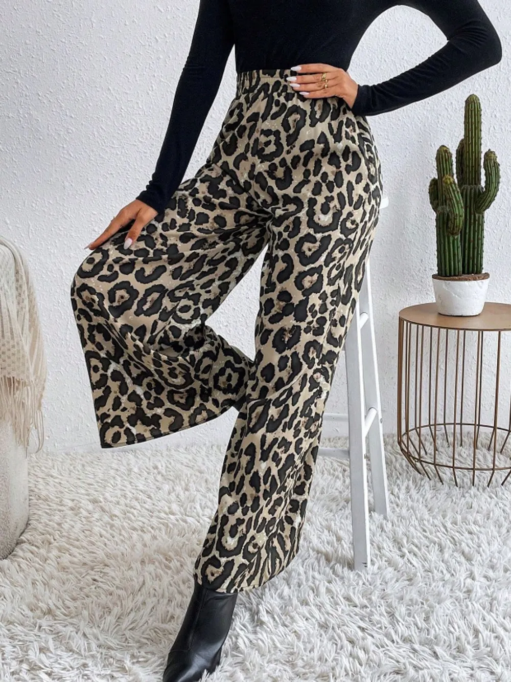 Printed Elastic Waist Wide Leg Pants, image 7
