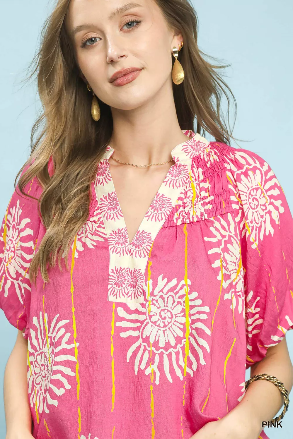 Floral Border Smocked V-Neck Boho Blouse, image 4