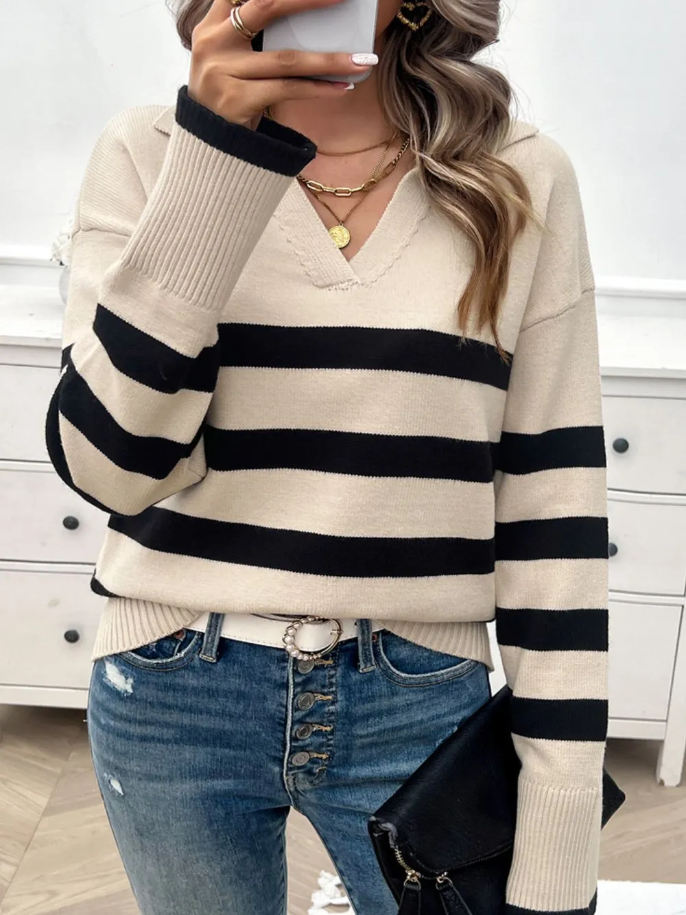 Striped Collared Neck Long Sleeve Sweater, image 11