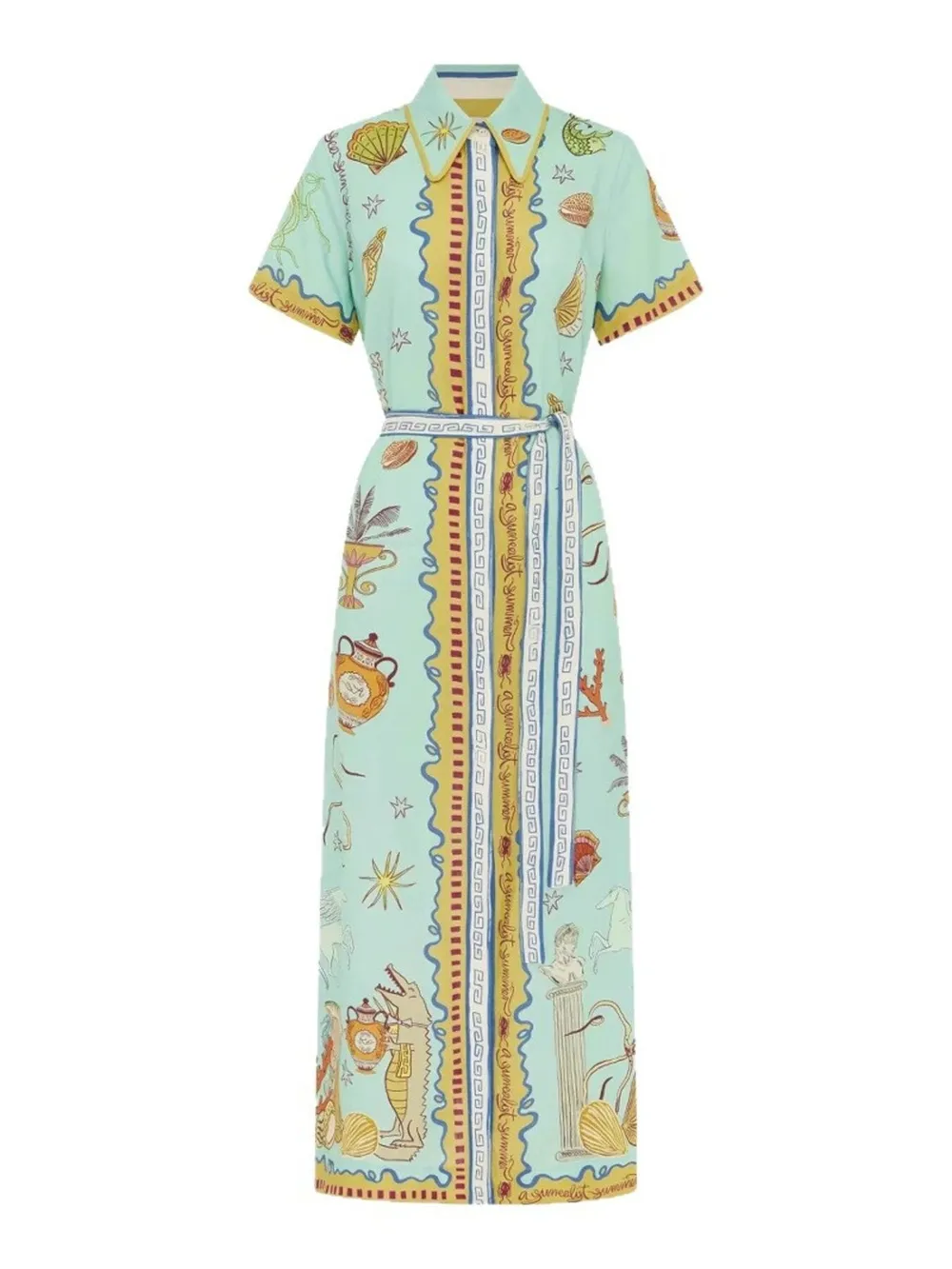Printed Short Sleeve Maxi Shirt Dress with Belt, image 3