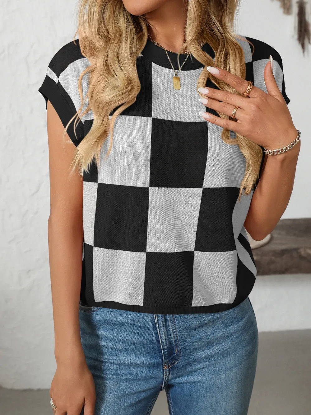 Checkered Round Neck Cap Sleeve Knit Top, image 19