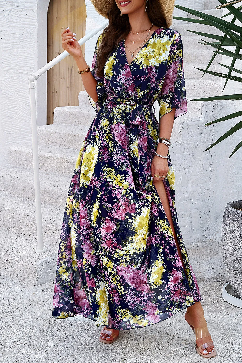 Printed Tied Half Sleeve Slit Dress, image 18