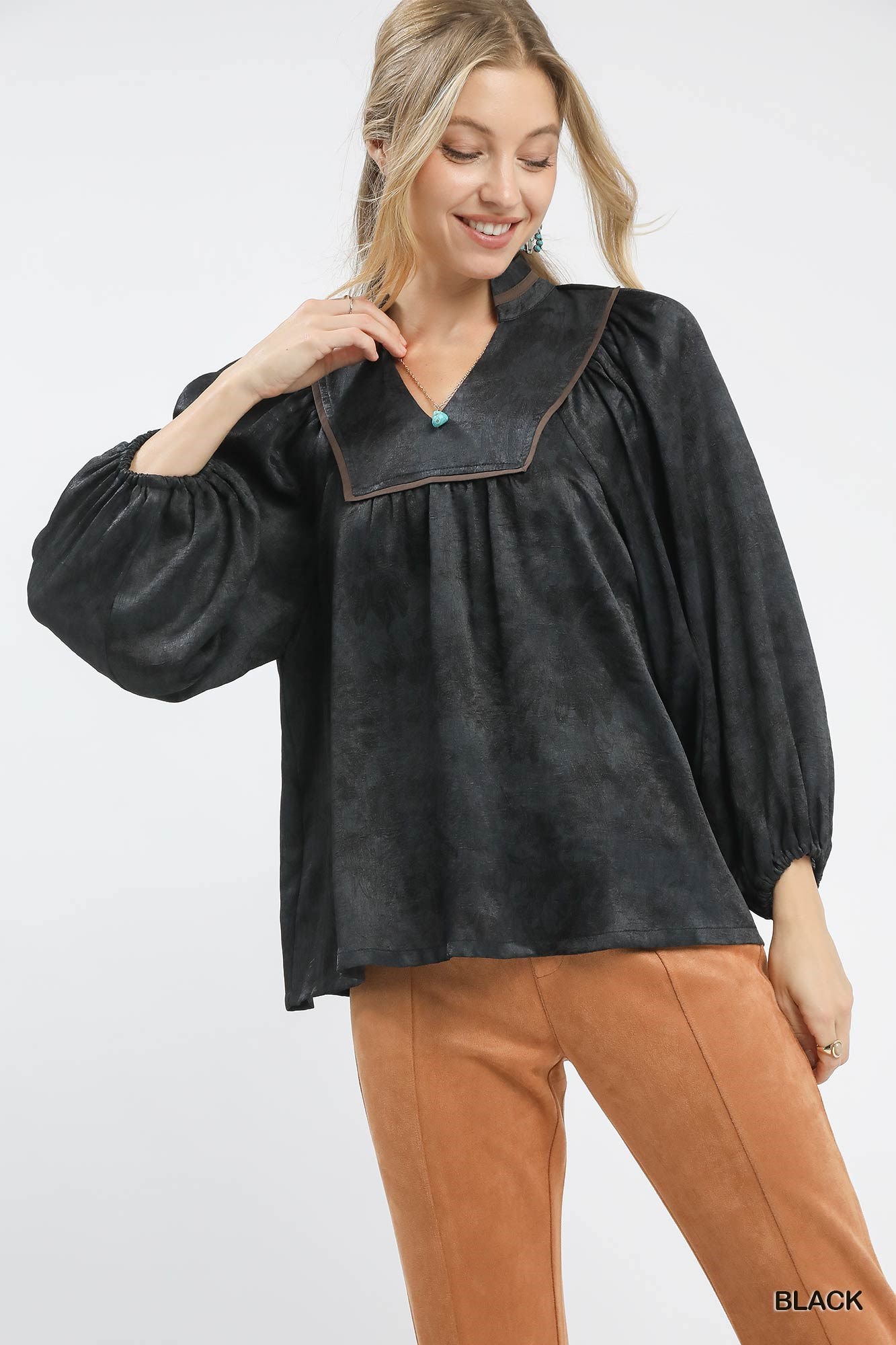 Crinkle Brocade Long Sleeve Blouse