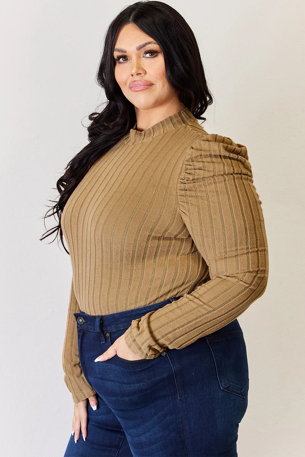 Full Size Ribbed Mock Neck Puff Sleeve T-Shirt, image 19