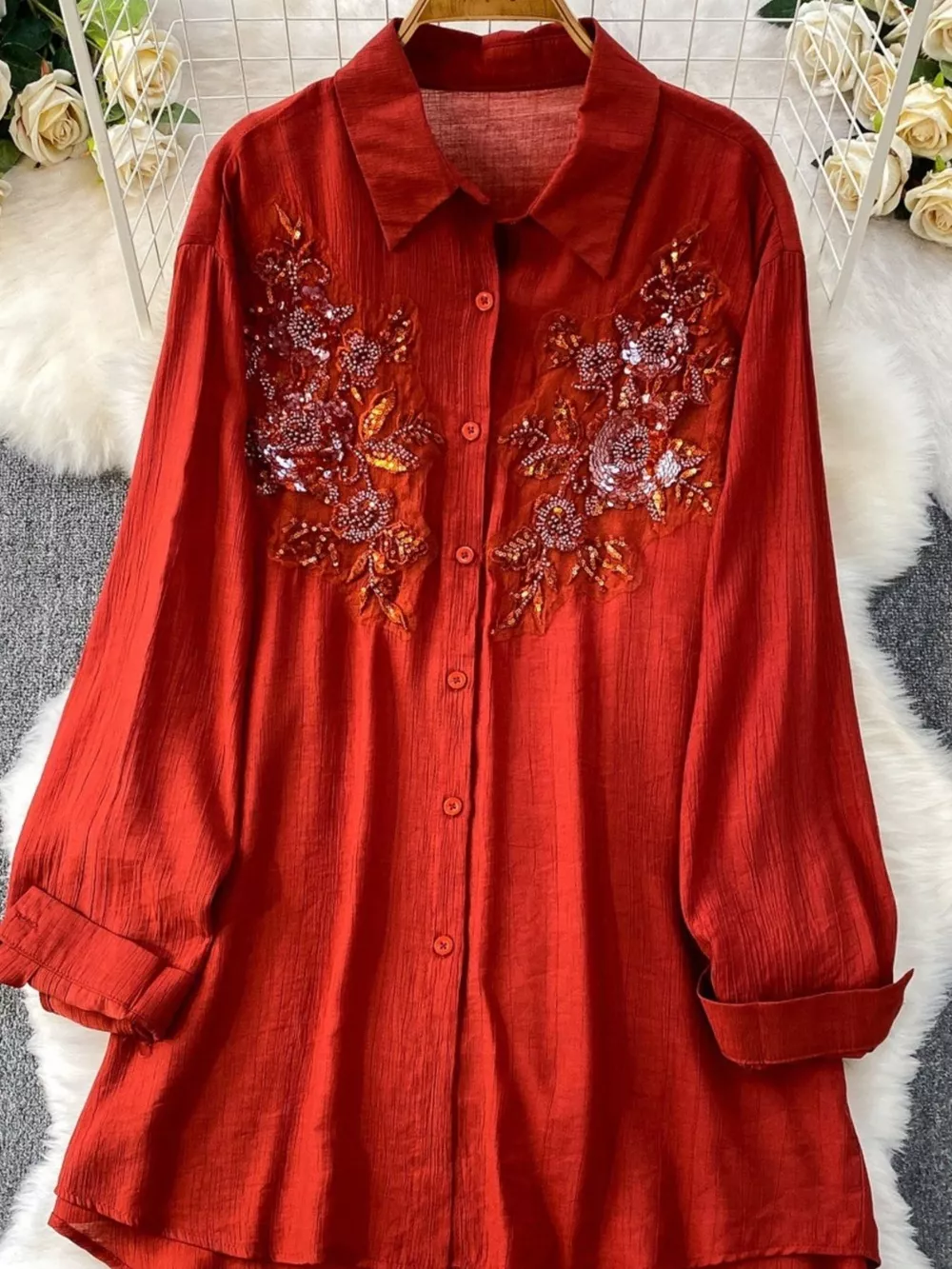 Sequin Flower Button Up Shirt and Cami Dress Set, image 6
