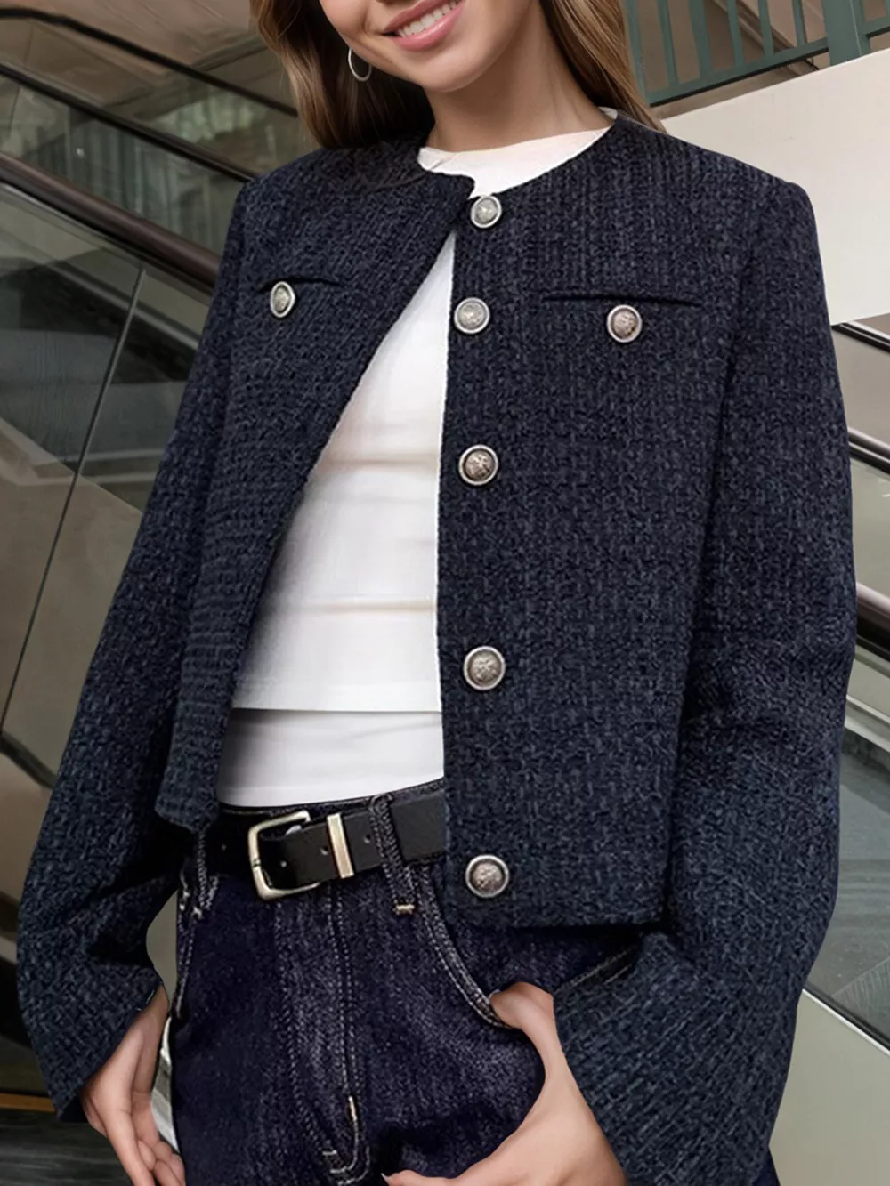 Tweed Metallic Buttons Cropped Outerwear, image 3
