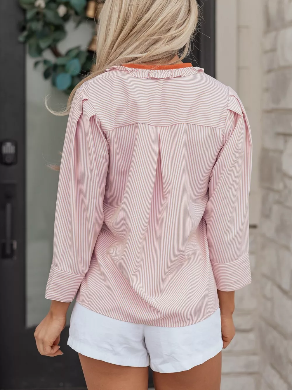 Stripe Color Block Patchwork Detail Frilled Collar Button Down Shirt, image 5