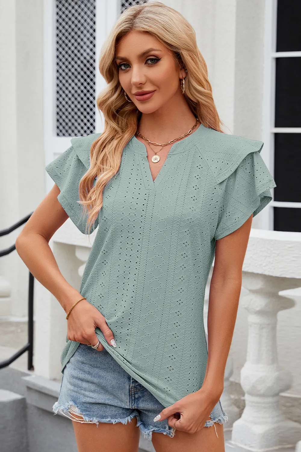 Eyelet Notched Flutter Sleeve T-Shirt, image 10