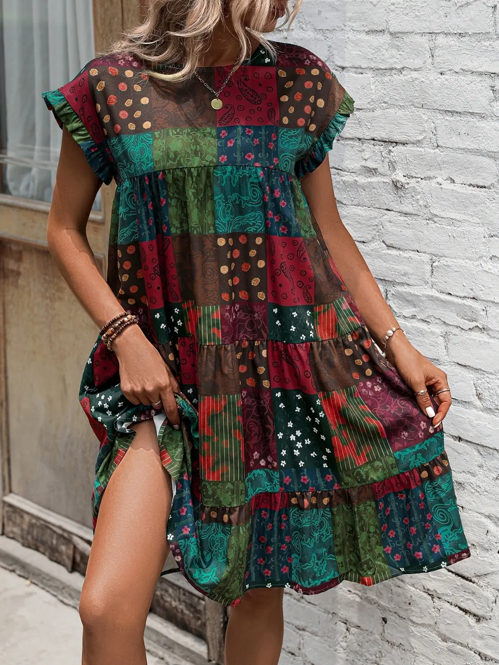 Color Block Print Short Sleeve Mini Dress, image 4