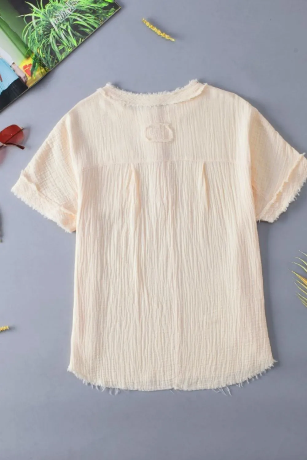 Textured Frayed Trim Half Button Short Sleeve Top, image 6