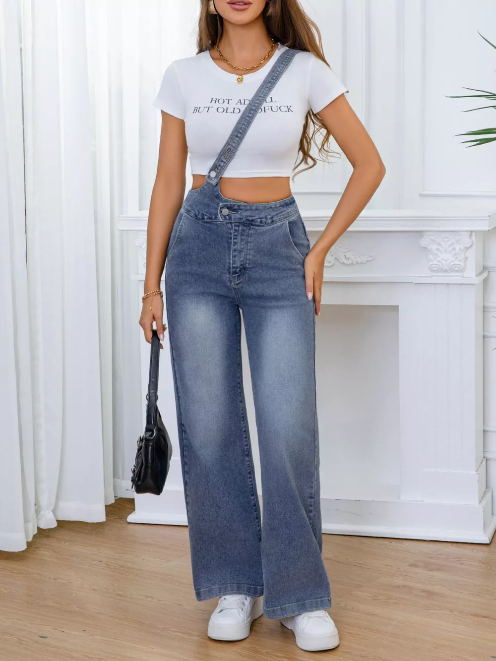Adjustable Strap Washed Wide-Leg Denim Overalls, image 6
