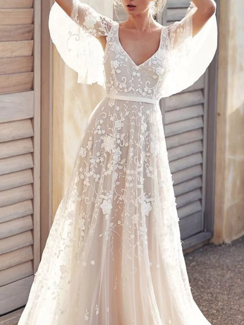 Full Size Lace Flutter Sleeve V-Neck Dress Plus Size, image 5