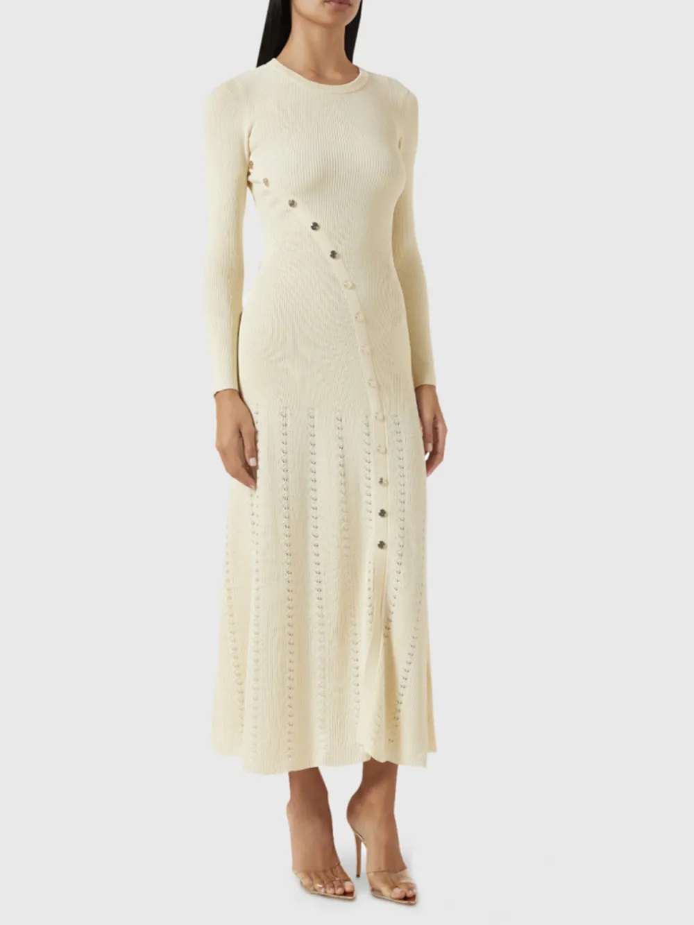 Openwork Round Neck Long Sleeve Sweater Dress, image 5