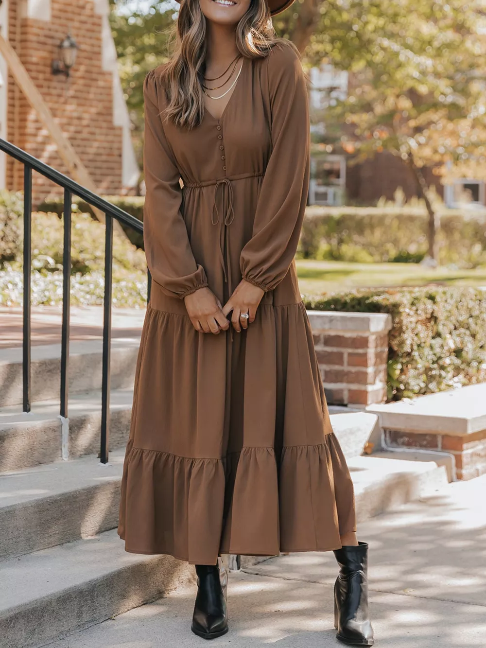V-Neck Balloon Sleeve Tiered Dress, image 4