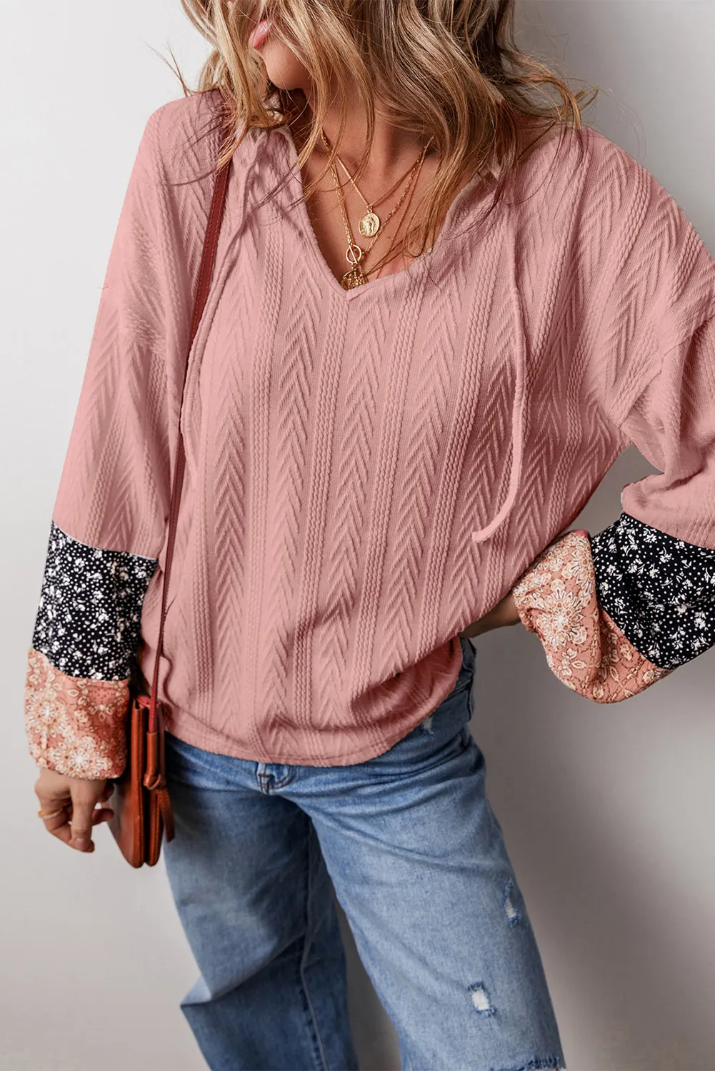 Color Block Tie Neck Long Sleeve Top, image 6