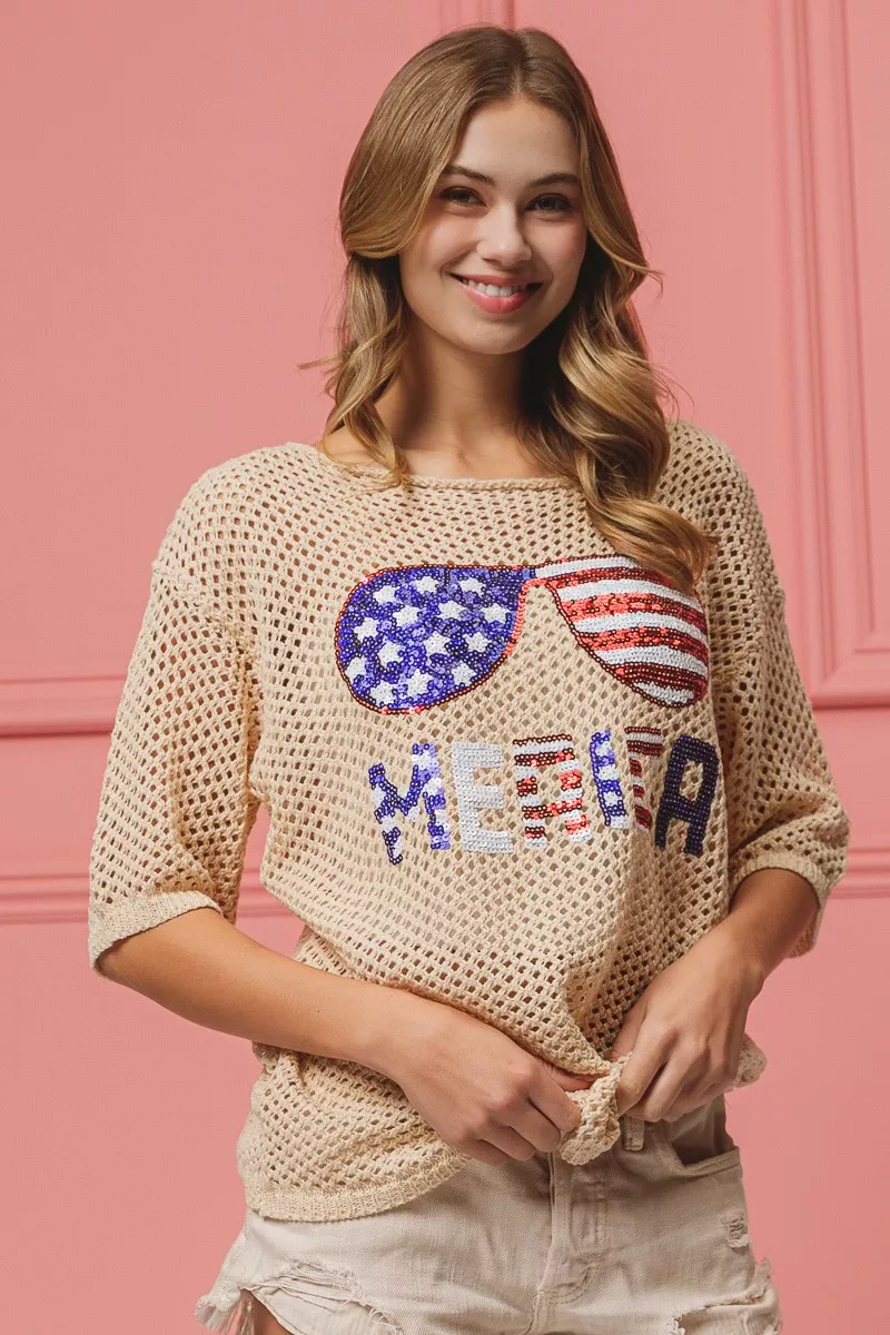 Sequin American Flag Sunglasses Knit Cover Up, image 6