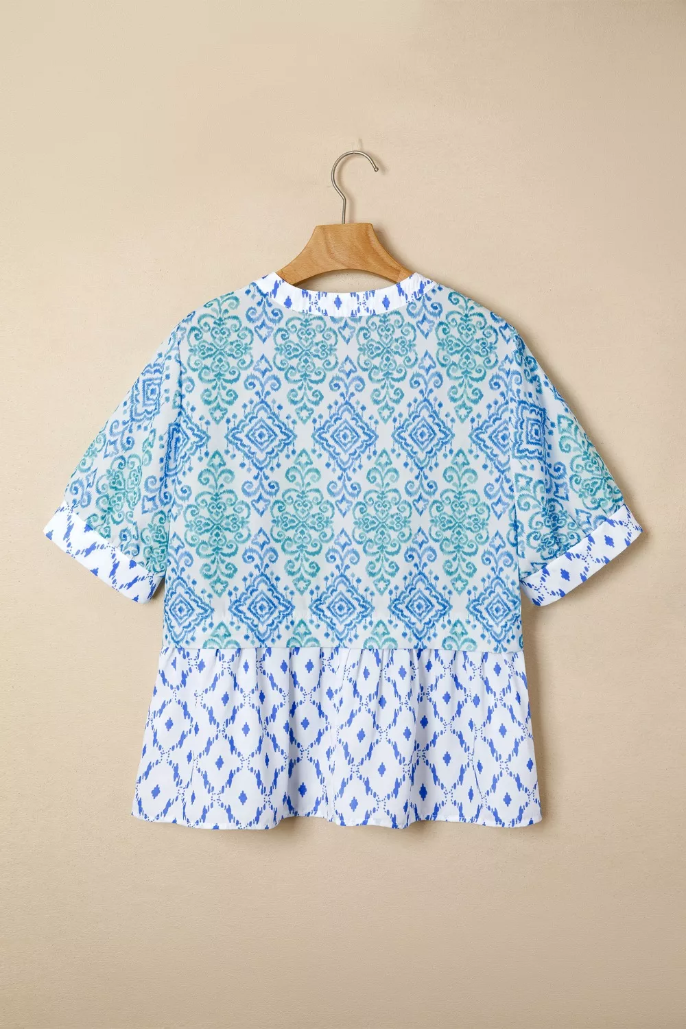 Floral Geometric Patchwork Short Puff Sleeve Babydoll Blouse, image 4