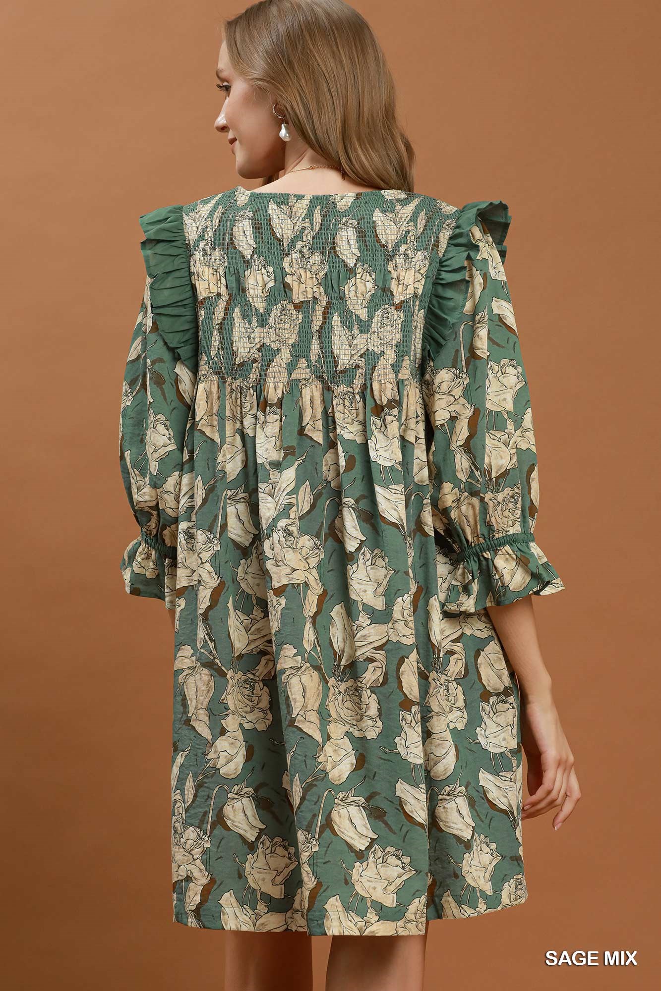 Mix Floral Print Smocked Ruffle Detail Flowy Dress, image 3
