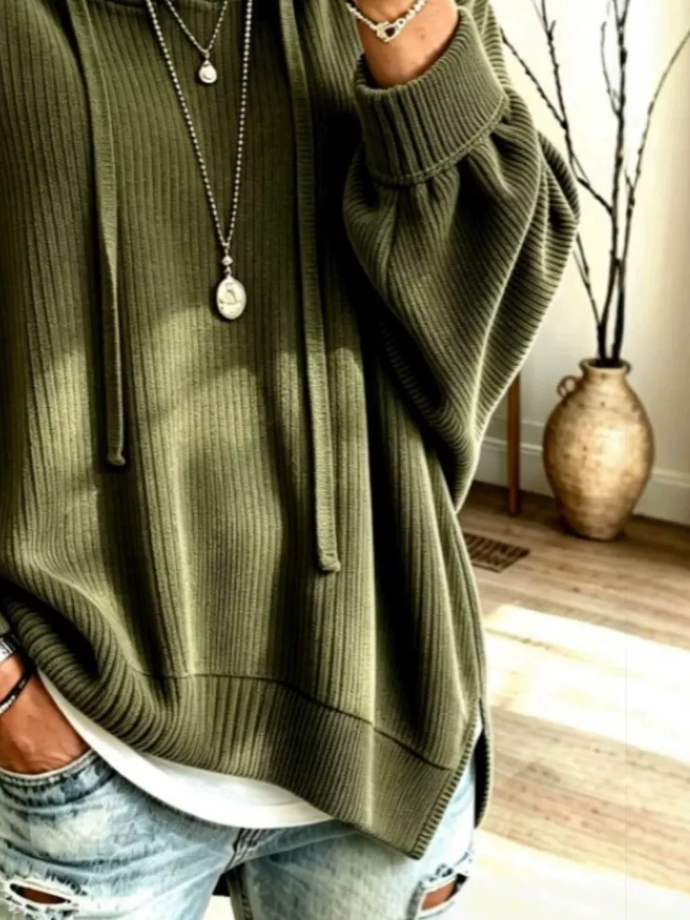 Drawstring Ribbed Knit Hoodie, image 8