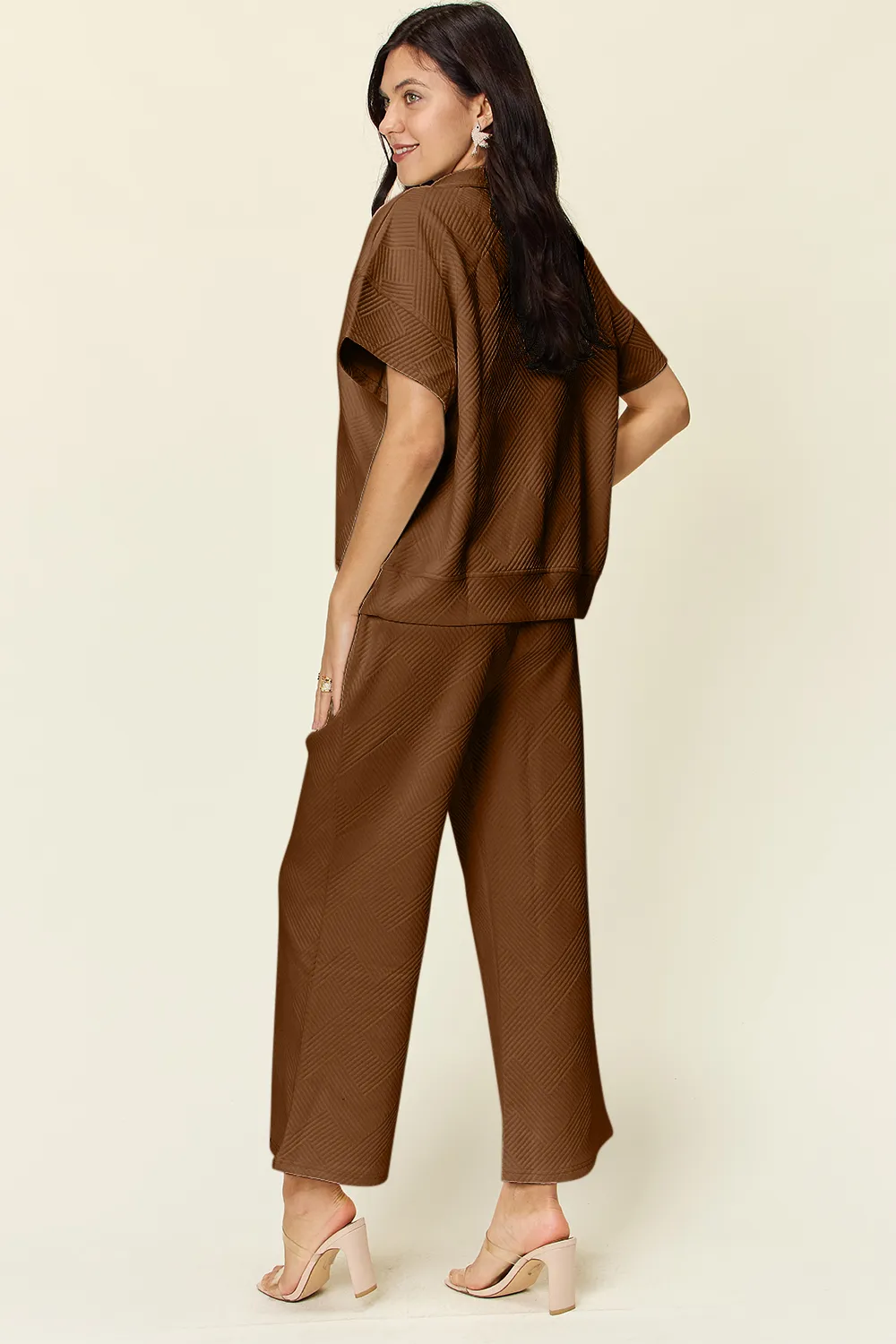 Full Size Texture Half Zip Short Sleeve Top and Pants Set, image 12