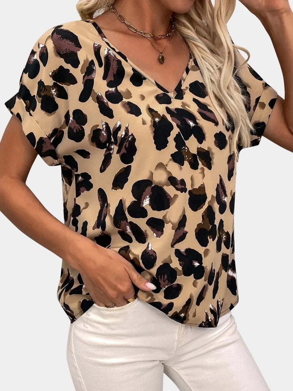 Printed V-Neck Short Sleeve Blouse, image 10