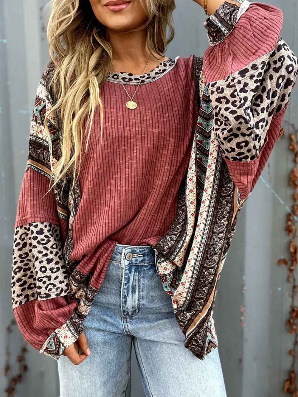 Leopard Round Neck Long Sleeve Sweatshirt, image 2