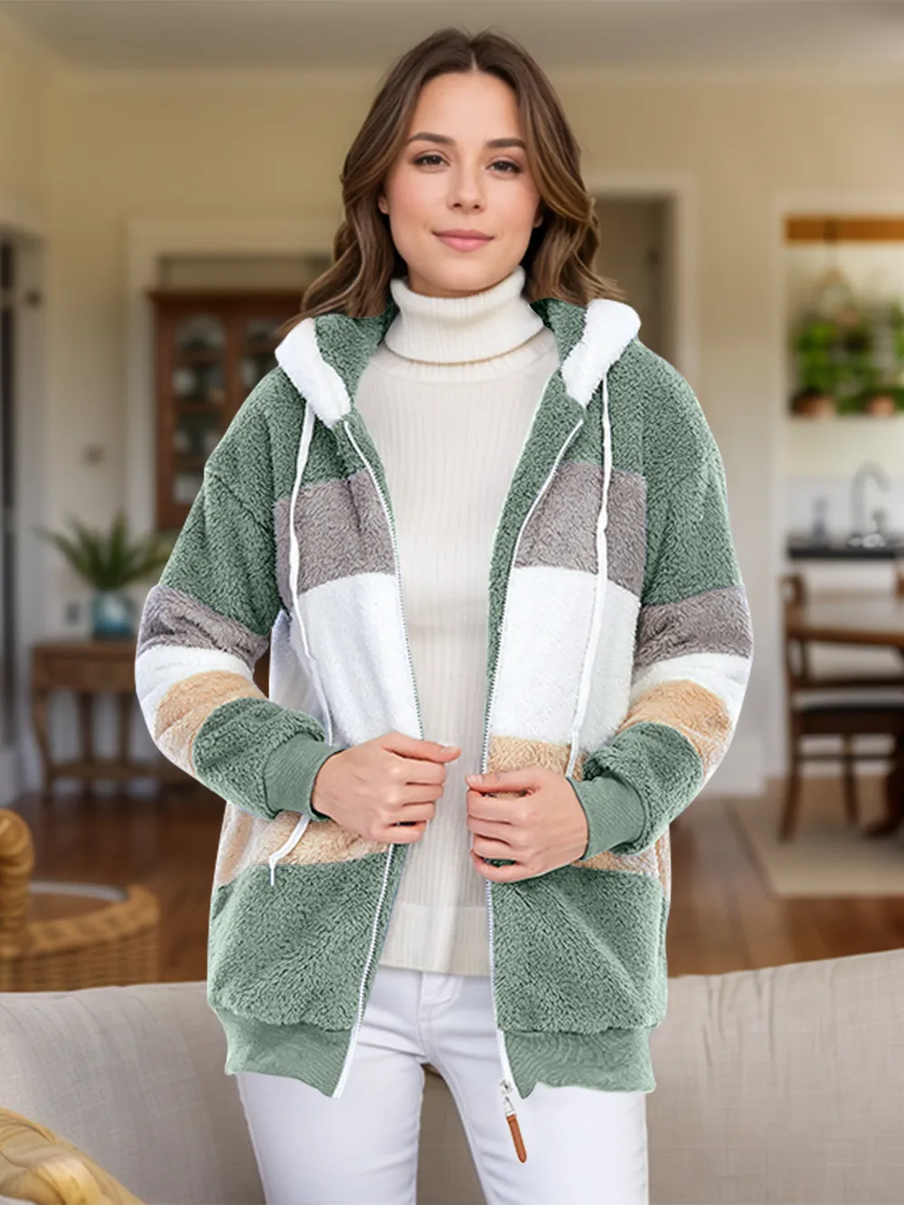 Full Size Drawstring Color Block Zip Up Hooded Outerwear, image 25