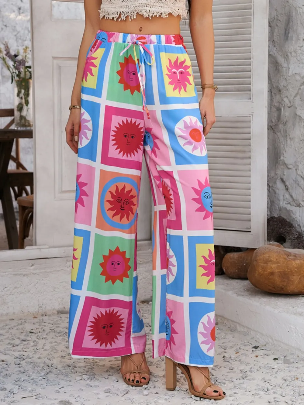 Drawstring Printed Wide Leg Pants, image 12