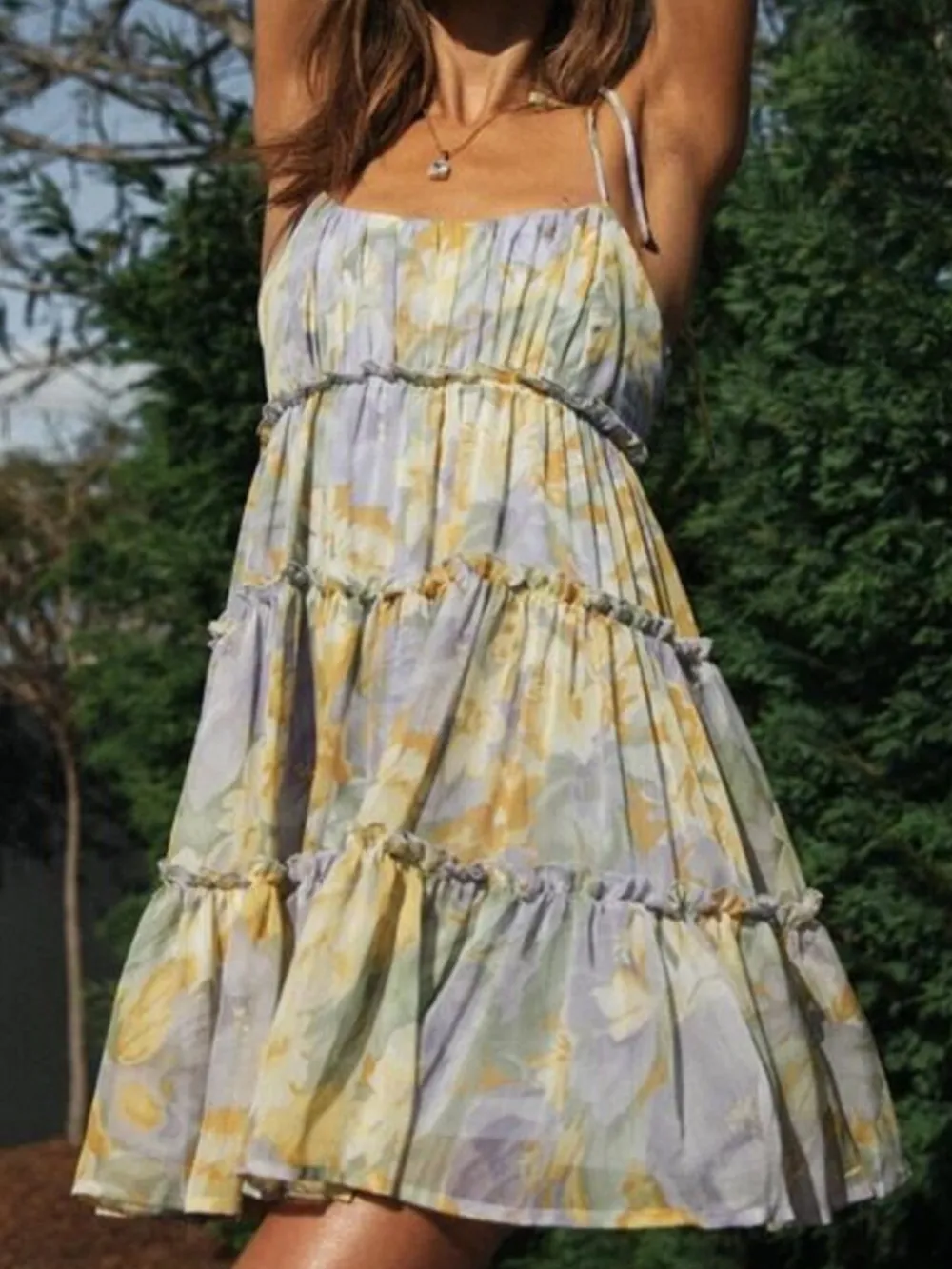 Printed Tie-Strap Tiered Mini Dress, image 19