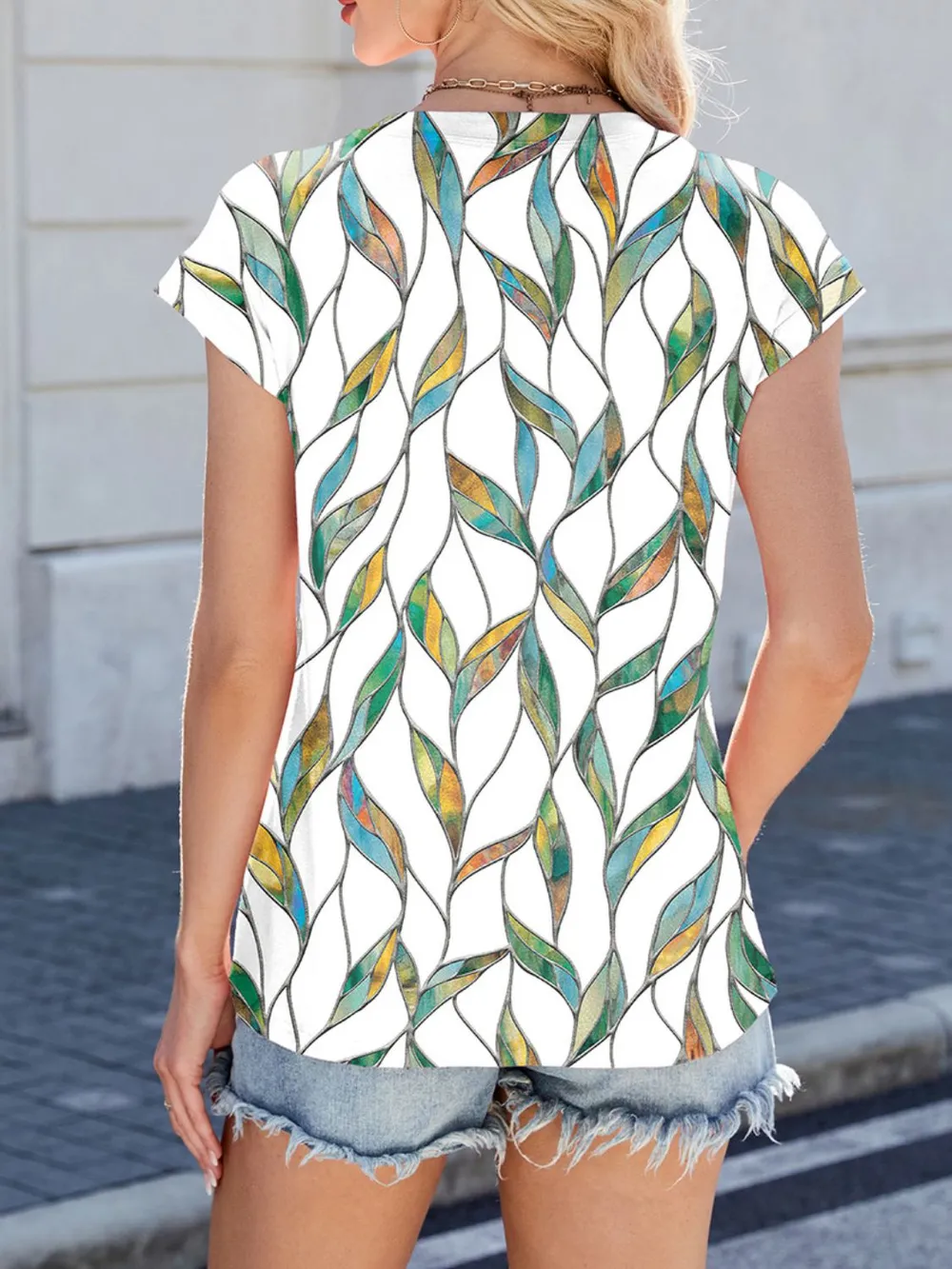 Printed Round Neck Cap Sleeve Top, image 12