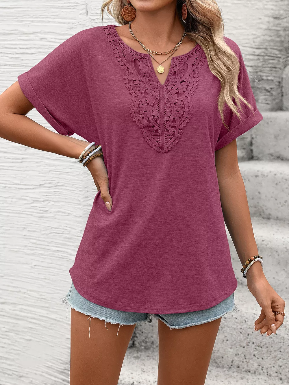 Lace Trim Short Sleeve T-Shirt, image 25