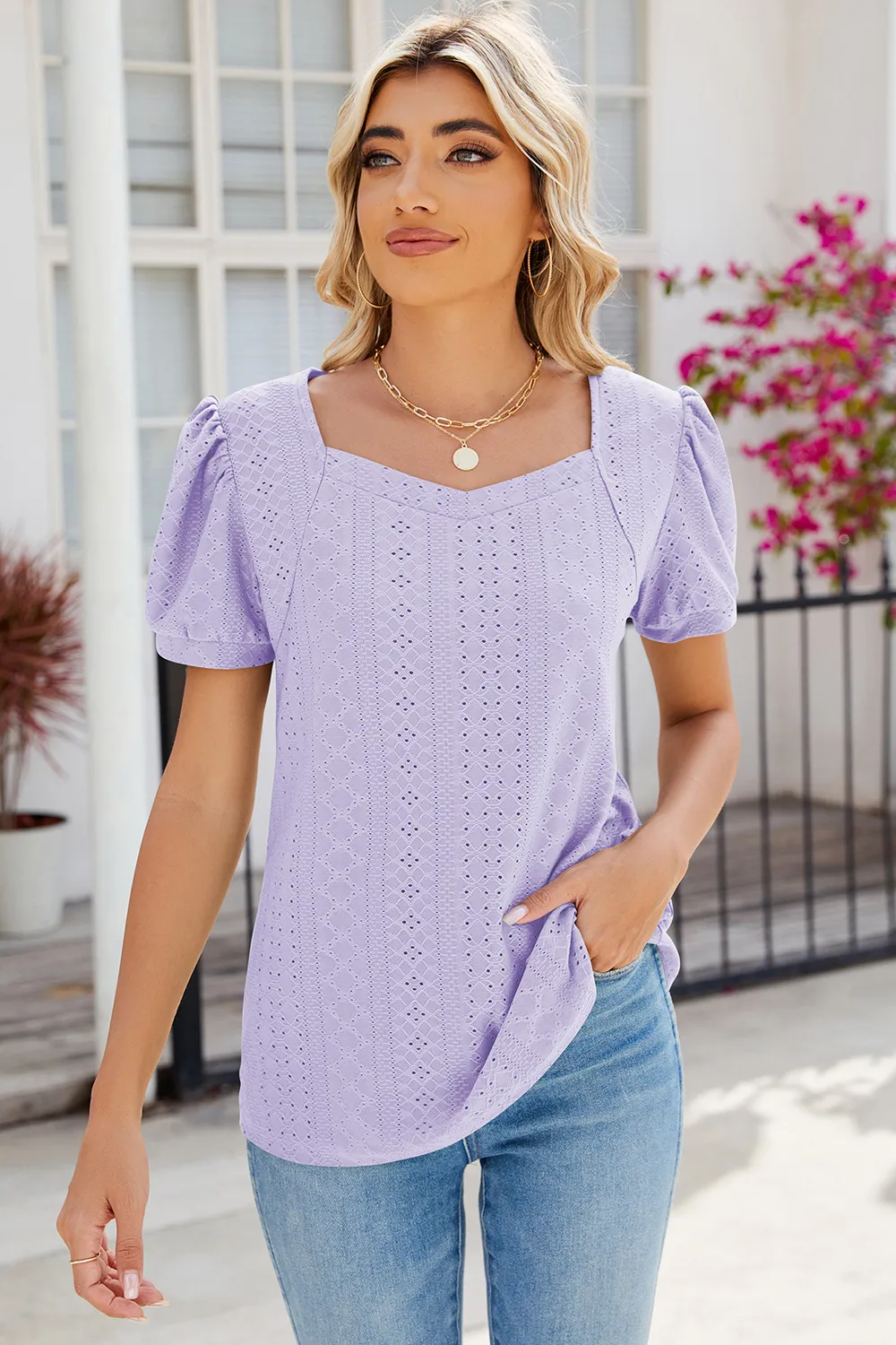 Eyelet Puff Sleeve T-Shirt, image 4