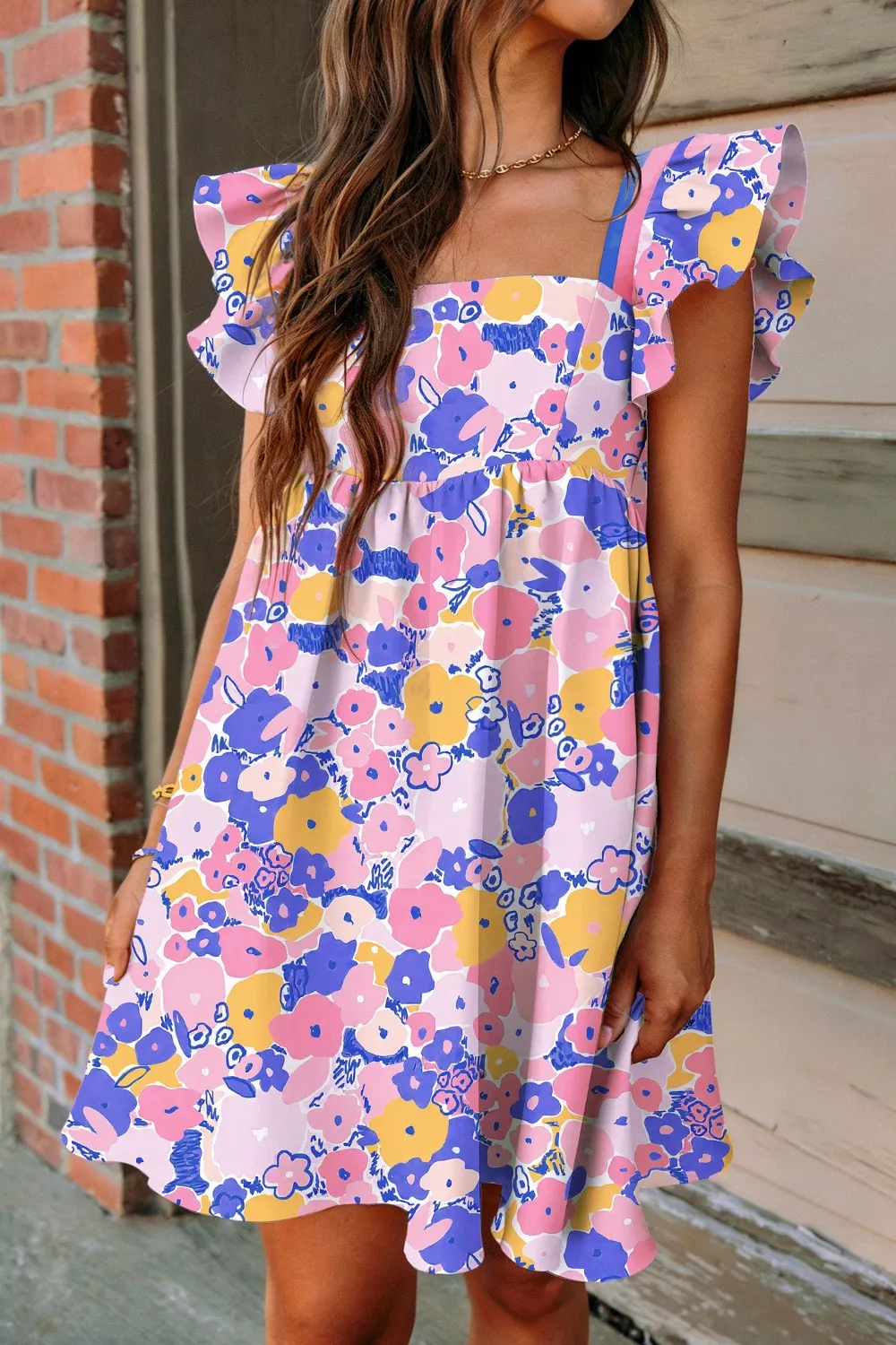 Floral Print Flutter Sleeve Striped Trim Square Neck Loose Mini Dress, image 3
