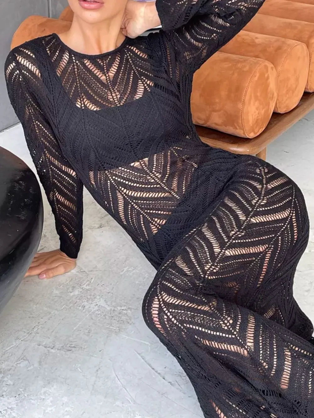 Openwork Long Sleeve Knit Cover Up Dress, image 3