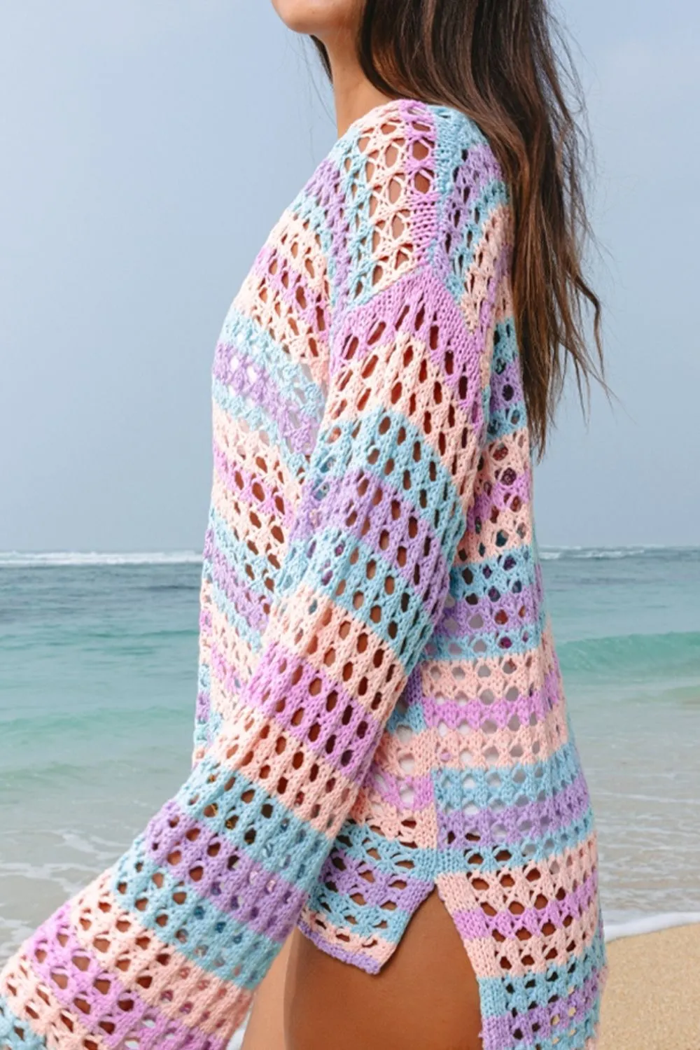 Openwork Side Slit Round Neck Striped Cover Up, image 7