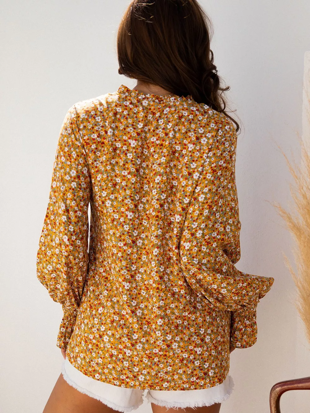 Floral Ruffled Bubble Sleeve Tie Neck Blouse, image 4