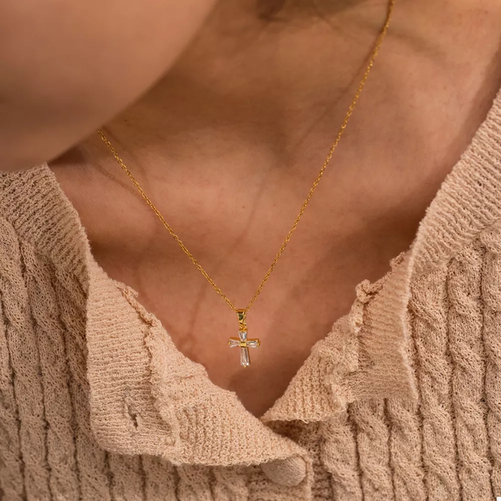 18K Gold-Plated Stainless Steel Zircon Cross Necklace, image 6