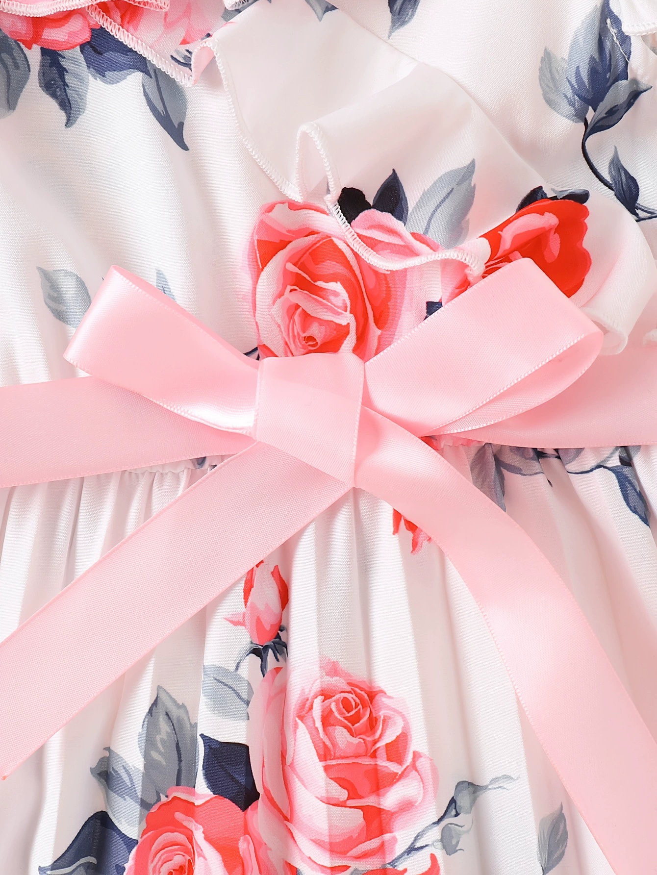 Children's Floral Print Ruffle Trim Bow Pleated Dress, image 6