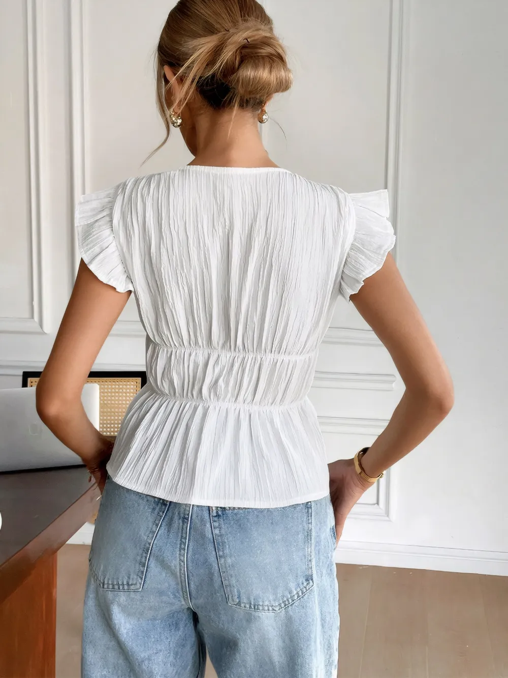 Bow V-Neck Cap Sleeve Blouse, image 4