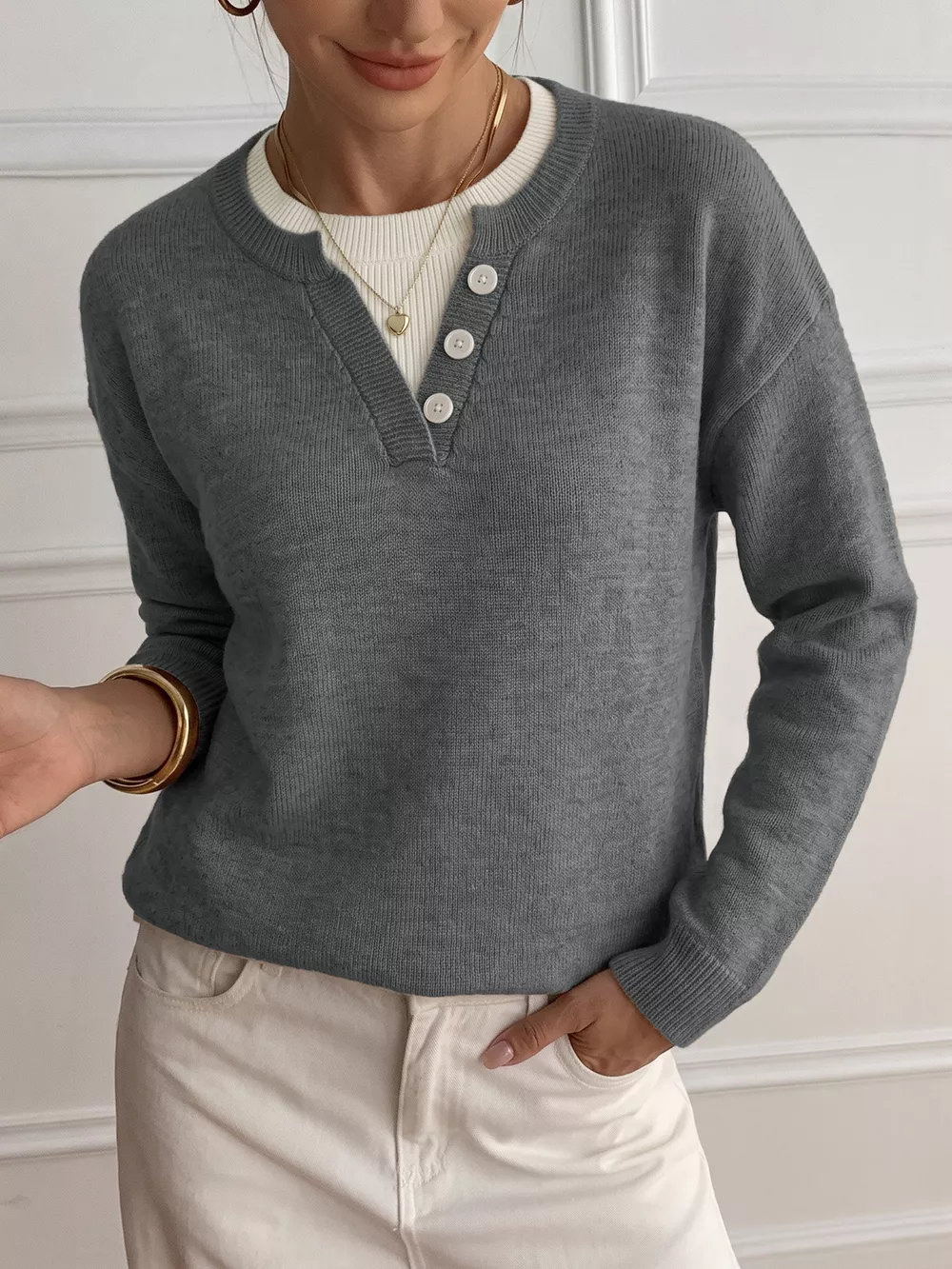 Dropped Shoulder Decorative Button Sweater, image 2